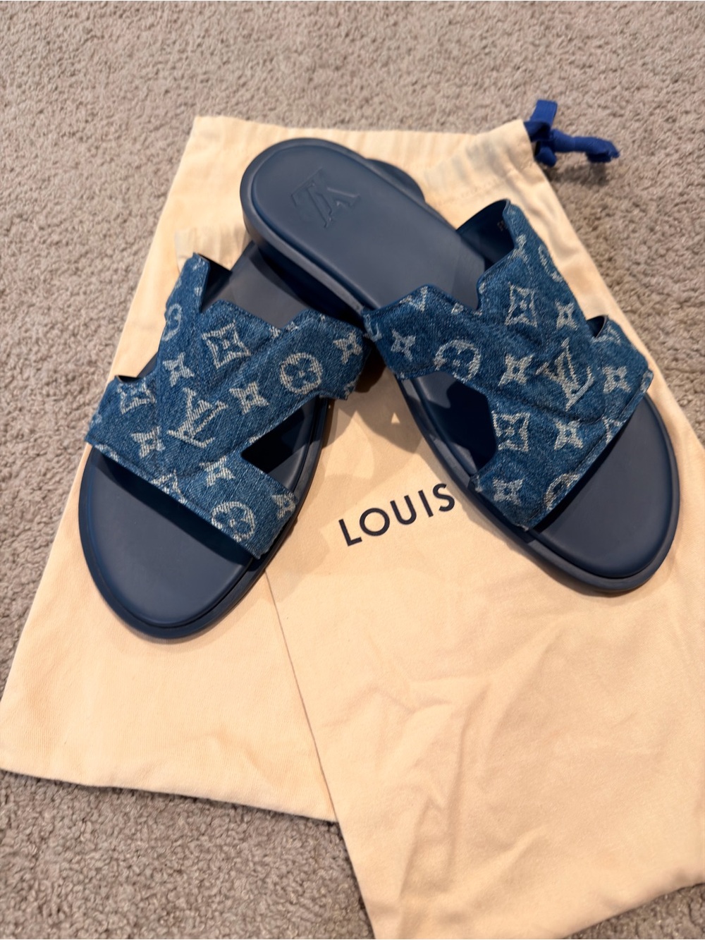 Authentic Louis Vuitton Denim Monogram Slides - Navy Blue